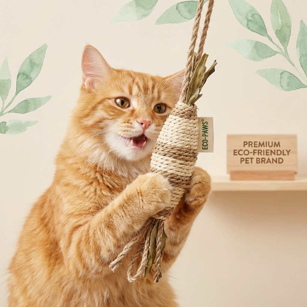 Doğal oyuncakla oynayan mutlu kedi Herbameow